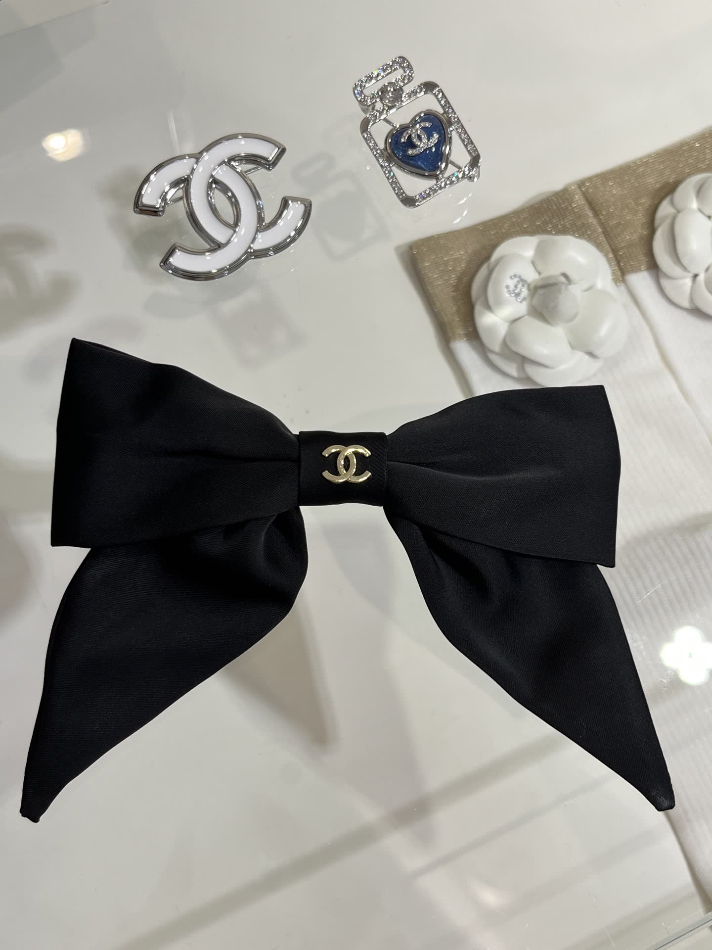 Chanel Black Satin Hair Clip with Bow